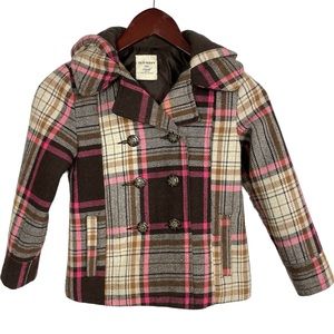 Old Navy Plaid Brown and Pink Wool Blend Double Breasted Pea Coat Size S (6-7)